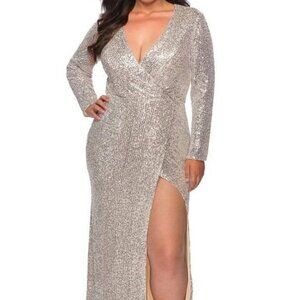 La Femme Curve Silver Sequin Long Sleeve Side Slit Gown